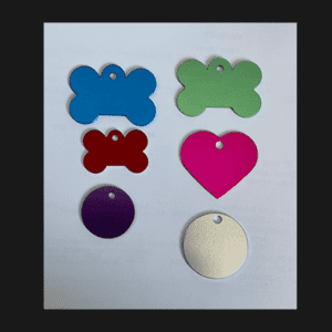 pet tags, various colors, styles, and sizes